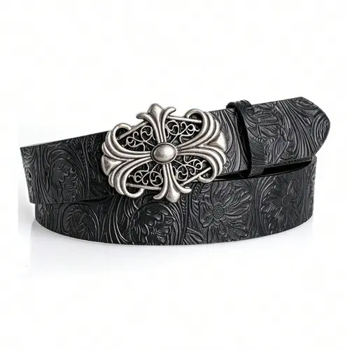 Boho Fashion Faux Leather Western Textured Cowgirl Boho Belt with Cross Buckle, Gothic Style Waist Belt, Unisex Statement Belt for Jeans & Casual Outfits, Accessories for Men & Women, Western Cowboy Belts