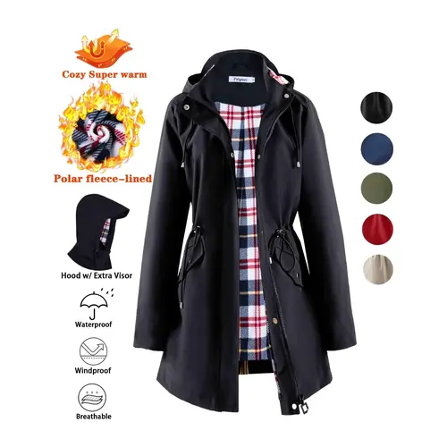 Women's Waterproof Fitted Rain Coat Jackets with Long Sleeves and Soft Fleece Lining, Warm Winter Outerwear for Cold Weather, Stylish Check-Lined Design, Ideal for Everyday Use