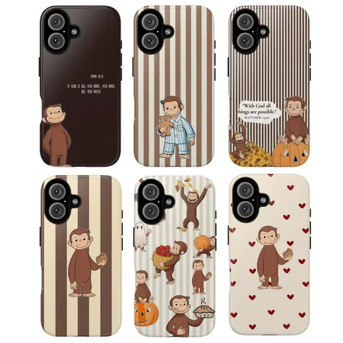 Curious George Durable Monkey Smartphone Case - Brown Striped & Heart Pattern, Christian Quote UV Printing, Shockproof TPU Casing for Handheld Devices, Mobile Phone Accessory for Protection, Gift