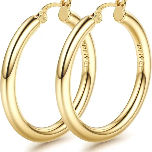 14K Gold Plated Chunky Hoop Earrings for Women With 925 Sterling Silver Post Hollow Tube Hoops Earrings 4mm Thick Hoop Earrings Hypoallergenic Lightweight Large Hoop Earrings 25/30/40/50/60/70MM Earrings Set
