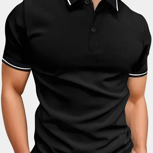 Men's Short Sleeve Polo Shirt, Lightweight Solid Color Contrast Trim Collared Top, Slim Fit Business Casual Golf Tennis Shirt for Work and Daily Wear