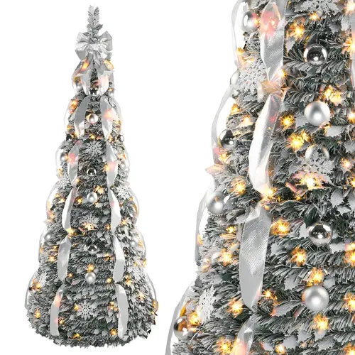 SHareconn 6/7ft Pop-Up Prelit Artificial Tree - Collapsible, Pre-Decorated with Red&Gold Warm White&Multi-Color Lights, Remote Control, Synthetic Irregular Shape for Christmas Home Festive Decor