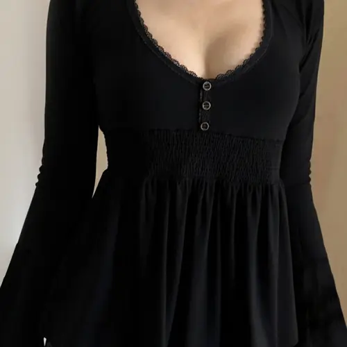 Lace Trim V Neck Flare Sleeve A-Line Top, Blouse Top, Y2K Casual Solid Color Long Sleeve Basic Fitted T-Shirt, Women's Fashion Clothing, Womenswear