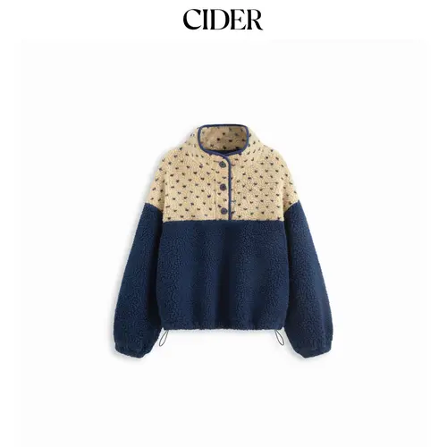Cider Fleece Stand Collar Two Tone Patchy Drawstring Oversized Sweatshirt SummerFinds