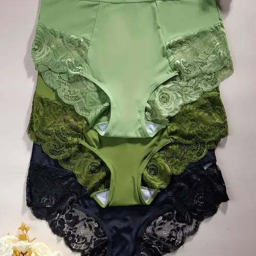 Women's High Waist Contrast Lace Briefs Comfortable Skin-Friendly Triangle Panties, 3/4/5 Pack, All Seasons Casual Wear, High Rise Brief