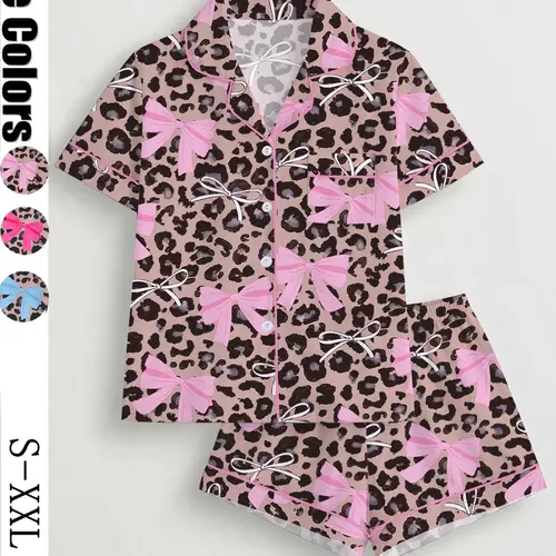 Women's Leopard Bow Printed Sleepwear Loungewear Set, Casual Holiday, Soft Shirt & Elastic Shorts, All-Season Home Wear
