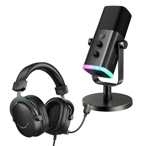 fifine Dynamic Microphone and Gaming Headset Bundle, 3.5mm/USB Wired Headset for PC/PS5/PS4, USB/XLR Podcast Recording Mic with RGB, Mute Button, Real-time Monitoring for Vocal YouTube (fifine H9+AM8)