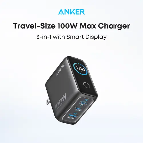 Anker 100W Max USB-C GaN Wall Charger Block - 3-Port, Ultra-Compact, Smart Display, Touch Control, Includes USB-C Cable for MacBook, iPad, iPhone 17/16 Series, Smartphone, Cellphone, Foldable Electronic Devices, Charging