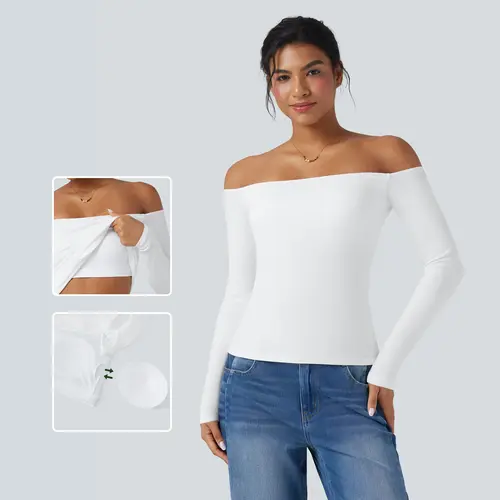 Halara Ribbed Knit Off Shoulder Long Sleeve 2-in-1 Casual Top
