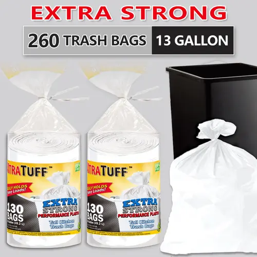 Plastic 13Gal Disposable Trash Bags, 260-Count, Puncture-Resistant, Tear-Proof, Leak-Proof, Durable, Easy-to-Use Home Supplies for Home, Industrial Use, Strong Trash Bags, Jumbo Pack Trash Bags
