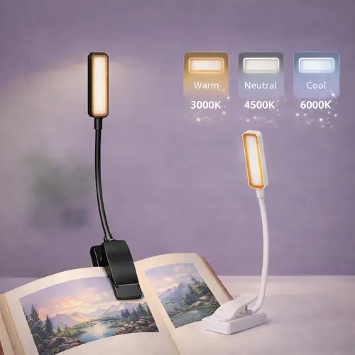 Dimmable LED Clip Book Light - USB Rechargeable, 3 Cool/Warm/White Color Modes, 10 Adjustable Brightness Levels, Flexible Gooseneck, Soft Light Push Button Control, Portable Durable Clamp Nightlight for Bedroom Readers, Home Office Headboard