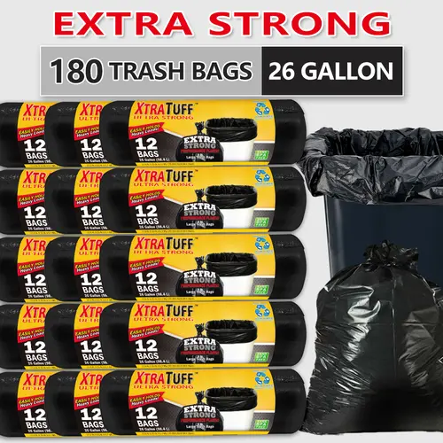 XTRA TUFF Heavy Duty Garbage Bags, 180-Count 26Gal Trash Bags, Puncture-Resistant, Leak-Proof, Ideal for Industrial and Home Use, Garbage Bag