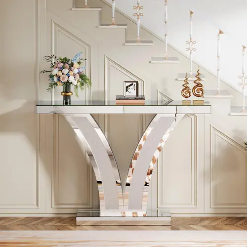TRIBEWOOD Mirrored Console Table - Modern Silver Indoor Furniture with Crystal-Inlay Frames, Silver Accents Living Room Furniture with Mirrored Surfaces, Foyer Accent Table for Living Room Hallway, Entryway Table, Console Table Entryway