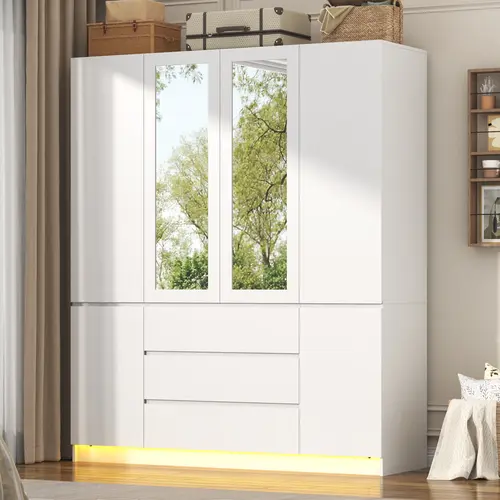 75" LED Wooden Clothes Wardrobe - 4/3-Door Built-in Hangers Wardrobe with Mirror, Adjustable Shelves, Drawers, Room Storage Cabinet for Bedroom, Entryway, Built-In Hangers Wardrobes