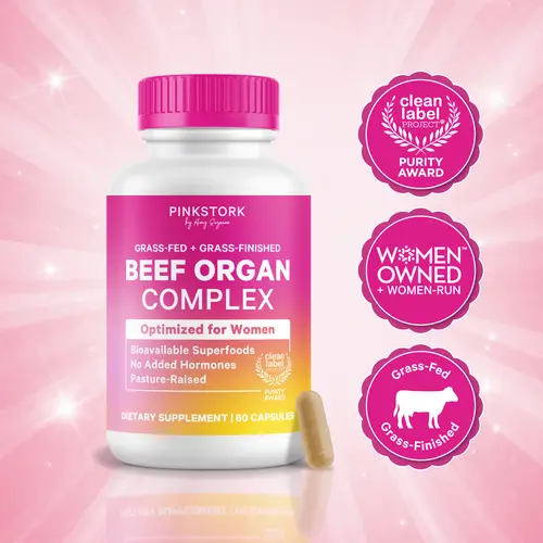Pink Stork Beef Organ Supplement for Women | Clean Label Primal Bioavailable Multivitamin | Liver, Heart, Ovary, Kidney, Uterus | Grass-Fed | Iron B12 CoQ10 Vitamin A Zinc | Skin + Nail Support | Hormone + Energy | 60 Capsules | Optimum Dietary Healthcare