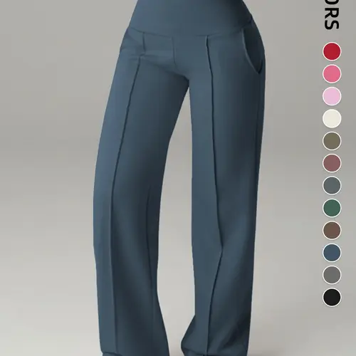 Women's Mid-Waist Elastic Wide Leg Pants, Casual Sporty Style, Comfortable Side Pockets, Multi-Functional Spring & Fall Wear, Everyday, Womenswear, Casual Fashion Bottoms