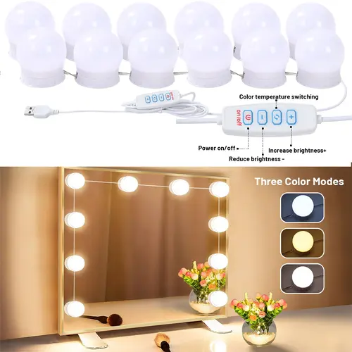 Consciot Hollywood-Style LED Vanity Mirror Lights - 12 Dimmable Bulbs, Adjustable RGB Lighting, USB Cable, Stick-On for Makeup Tables, Room Decor, Mother's Day Gift Idea