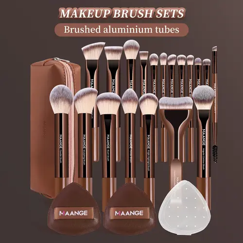 MAANGE 22-Piece Makeup Brush Set, Face Makeup Brush Kit, 19Pcs Makeup Brushes, 2Pcs Powder Puffs & 1Pc Cosmetic Bag, Ideal for Foundation, Blush, Highlight & Eyeshadow, Make Up Tools