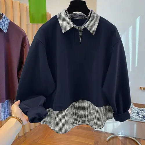 Women's Fall Winter Casual Collared Long Sleeve Plaid Patchwork Mock Two-Piece Loose Fit Hoodie Tops, Fashion All over Print Sweatshirt