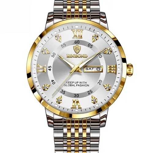 Binbond Waterproof Luminous Men's Watch, Automatic Self-Wind Quartz Wristwatch, Calendar Date Week Display, Trendy Fashion Timepiece, Fashionable Stylish Watch