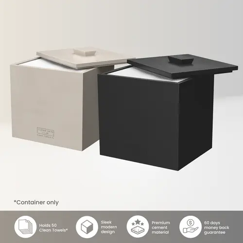 CLEAN SKIN CLUB Matte Onyx Cement Box for 50 Disposable Clean Towels XL Water-Resistant Space-Saving Bathroom Counter Storage Minimalist Design