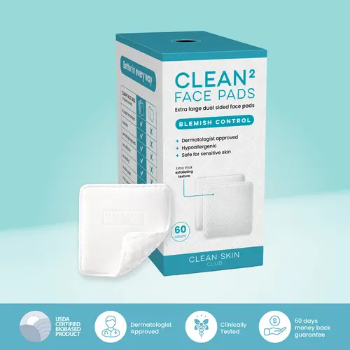 Clean Skin Club Clean² Blemish Control Face Pads – Extra Large Dual-Sided Face Pads for Blemish-Prone Skin, 100% Bio-Based, Dermatologist Approved, 60 Count
