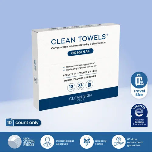 Clean Skin Club Clean Towels XL®, Travel Pack 100% USDA Biobased Disposable Face Towel, Eczema Association Accepted,Dry Wipes, TSA-Approved Travel Essential,1 Pack, 10 Ct Total