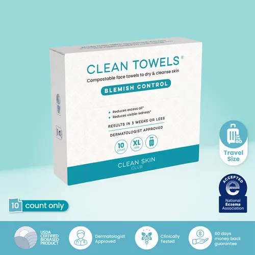 CLEAN SKIN CLUB Blemish Control Clean Travel Pack 10 Face Towels XL  TSA-Approved