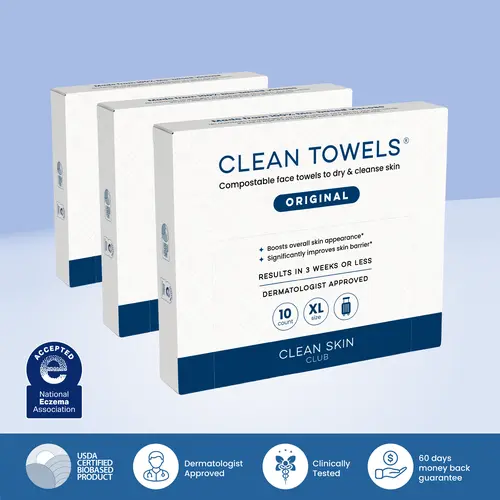 Clean Skin Club Clean Towels XL® Travel Packs 100% USDA Biobased Disposable Face Towel Eczema Accepted Dry Wipes TSA Approved 3 Packs 30 Ct Total - Daily