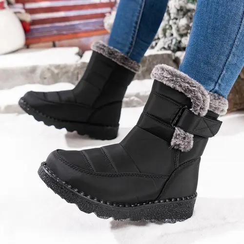 Women's Waterproof Fur Lined Snow Booties, Oxford Cloth Slip-On Ankle Boots with Velcro Closure and Slip-Resistant Sole, Shoe