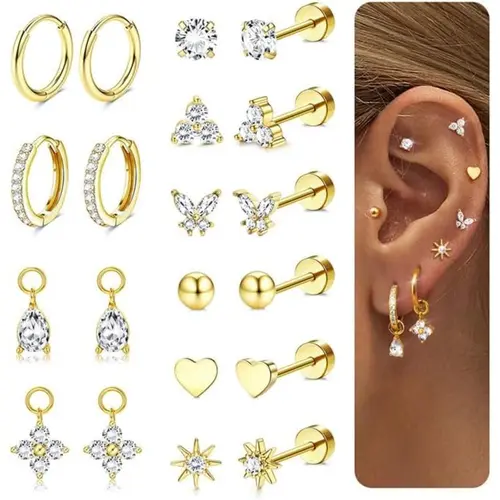 CASSIECA Stud Earrings Stack 14K Gold Plated/Silver Surgical Steel, Hypoallergenic Flatback Cartilage Earrings with Charms, Non Tarnish Multiple Piercing Jewelry for Women with Sensitive Ears,summerwins