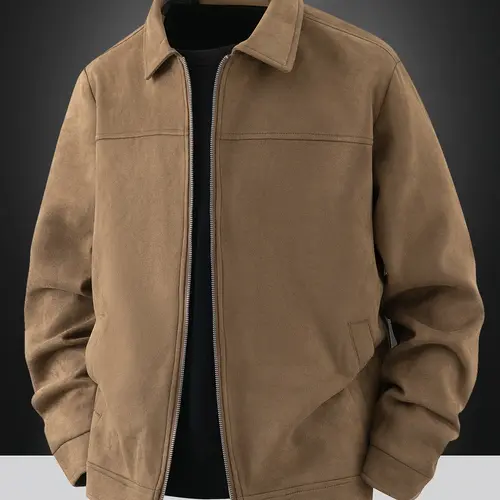 Men's Faux Suede Casual Jacket, Casual Fashion Collared Coat, Lightweight Zip Coat, Solid Zip Front, Zipper Closure, Collar Design, Long Sleeve, Plain Light Business Style, Durable Fabric, Casual Zipper Outerwear
