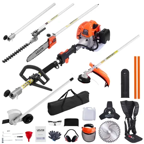 【toolupgrade】VEVOR Gas-Powered Grass Trimmer Tool Kit, 26cc 2-Cycle Handheld Aluminum 6-in-1 Multi-Function Garden Tool with Extension Pole, Goggles, Rubber Grip, 3T/40T Manganese Steel Blades, Brush Cutter, Edger, Pole Saw; 1 Set Handles Yard Tasks