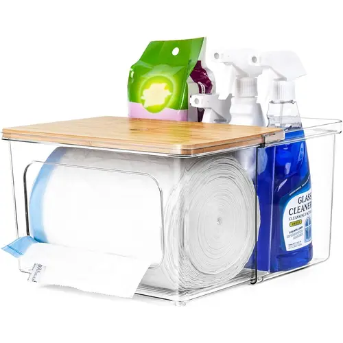 AIR U 2-in-1 Rectangular Bamboo Trash Bag Holder with Lid - Sturdy Garbage Dispenser & Under Sink Organizer for 13/30/33gal Bags, Kitchen Cabinet Organizing Solution, Study