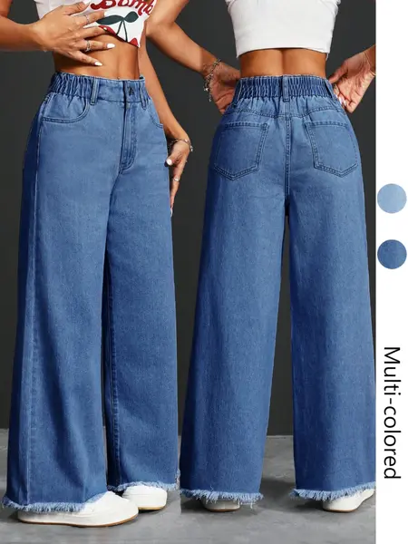 Women's High Waist Denim Jeans, Elastic Waist Pockets Trousers with Button, Casual Streetwear Fashion, Fuzzy Hem, Comfortable Fit Pants for All Seasons, Womenswear