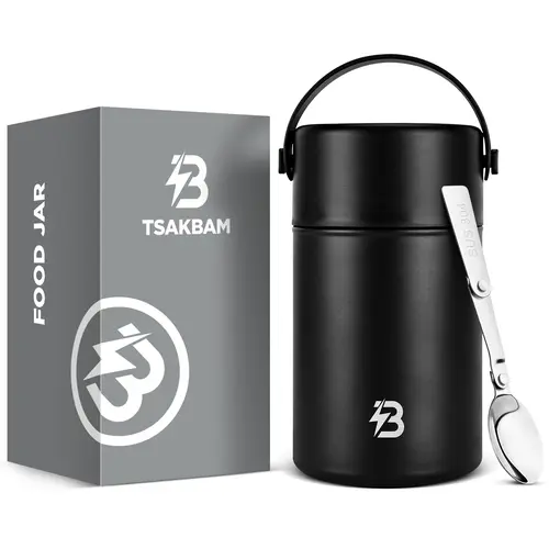 TSAKBAM Steel Insulated Hot Food Thermos with Lid, 29/35 Oz Wide Mouth Portable Container, Foldable Silicone Spoon Included for Adults (Kitchenware Lunch Jar for Hot Soups)