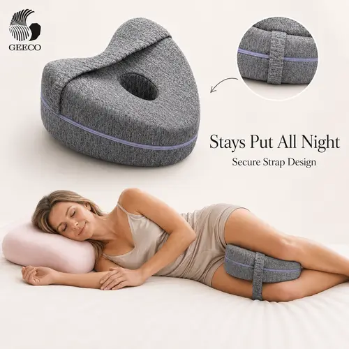 GEECO Orthopedic Soft Memory Foam Knee Positioner Cushion for Side Sleepers, Strap-In Design with Cooling Washable Cover, Heart-Shaped Pregnancy Pillow for Hip & Back Alignment, Grey,