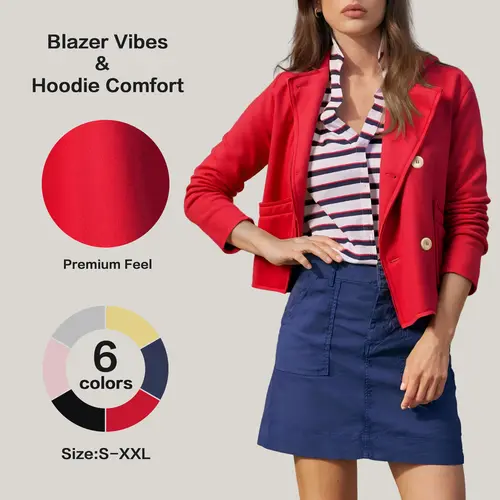 FISOEW Women's Preppy Collared Cropped Sweatshirt Blazer - Essential Solid Fleece, Notched Lapel, Button Front, Full Sleeves, Everyday Casual Wear, Denim Skirt Friendly, Winter Layer Ready, Standard Sizes