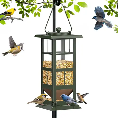 Wildpark Hanging Seed Feeder with Bird Feeder Pole - 1.36kg Durable Heavy Metal Frame, Shatter-Resistant Acrylic, 360° View, Weatherproof, Funnel Shape Dry Seed Design, Outdoor Backyard Use, Year-Round Single Unit Feeding Tool, Thoughtful Gift, Backyard O