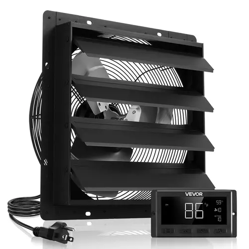 VEVOR 16-in Wall Mounted Shutter Exhaust Fans, 2900 CFM EC Motor with Automatic Smart Programming, Variable Speed, Temperature Control, Timer for Shed, Garage Ventilation Cooling, Black
