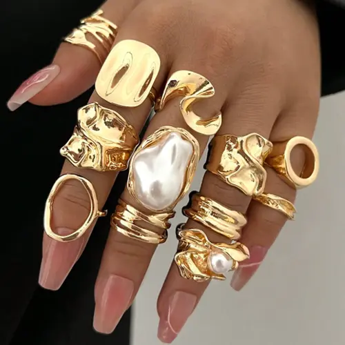 12-Piece Fashion Pearl Irregular Geometric Ring Set, Unique Rings, Light Luxury Knuckle Rings, Stylish Jewelry for Women