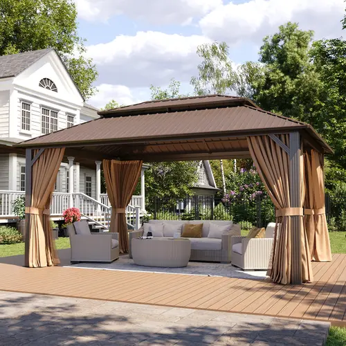 Aoxun Permanent Hardtop Rectangle Metal Gazebo (12'x10'/14'x10'/16'x12, Brown-Gray) - Galvanized Steel Double Roof, Mosquito Net, Insect Netting Garden Buildings, Curtains, Patio Canopy, Outdoor Canopy Shelter, Lawn Backyard Decor
