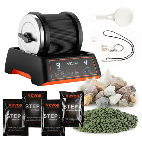 【toolupgrade】VEVOR 2 lbs Rock Tumbler Kit, 4 Speed Levels, 9-Day Timer, Cord, Rough Gemstones, Grits for Even Polishing Results, DIY Tool for Adults Kids