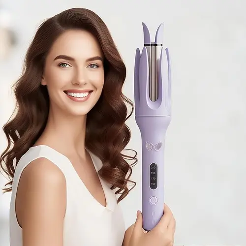 Professional Automatic Hair Curler - Portable Curler with 4 Temperature Settings, Adjustable Ceramic Rotating Wand, Negative Ion Tech, 110V-240V, Smooth Beauty Products (Pink/Purple), Curly Hair