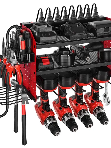 【fathersdaygift】VEVOR Power Tool Organizer with Charging Station3-Layer Drill Storage Rack with 4 Drill Holders & Side Pegboard8-Outlet Power StripsConstruction Cordless Tool Organizer for Garage WorkbenchStorage Organization Solution, Construction Tool O