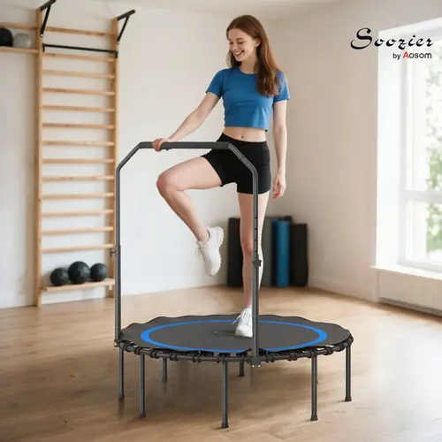 Soozier Foldable Round Fitness Trampoline (45-48 in) for Adults, Steel & Polypropylene Exercise Equipment with Adjustable Handlebar, Quiet Safe Bungee Cardio Trainer for Home Workout