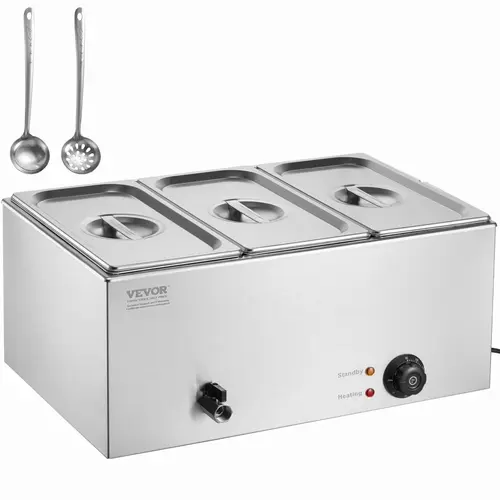 【Summerfinds】VEVOR Commercial Electric Steam Table Food Warmer, 17.4QT 1200W Countertop Stainless Steel Bain Marie, 3 x 1/3-Size Pans, 86-185°F Temp Control, Extra Long-Handled Ladles, Durable Restaurant Equipment for Catering,home essentials