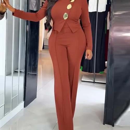 CHICME Women's Golden Button Decor Long Sleeve Seam Front Overalls Casual Zipper Back Faux Two-Piece Commuting Jumpsuit