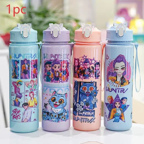 K-Pop Ghost Hunter-Themed Totem Portable Water Bottle Printed Tumbler with Lid and Straw, 700 mL Reusable Hard Plastic, Washable, Eco-Friendly Bottle for School, Travel and Halloween Parties, Drinkware Traveler Water Bottle, Portable Bottled Drinkware