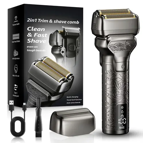 [Tiktokshopbacktoschool]SHPAVVER Gladiator Shaver 2 in 1 Electric Shaver & Trimmer for Men – Dual Blade Foil Razor for Wet & Dry Use IPX7 Waterproof Beard Trimmer with LED Display/Metal Handle/Travel Lock/Fast Charging, Metallic Gray Glod sohochic